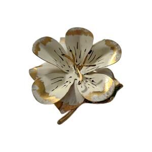 Vintage White and Gold Enamel Flower Brooch, 3" Diameter